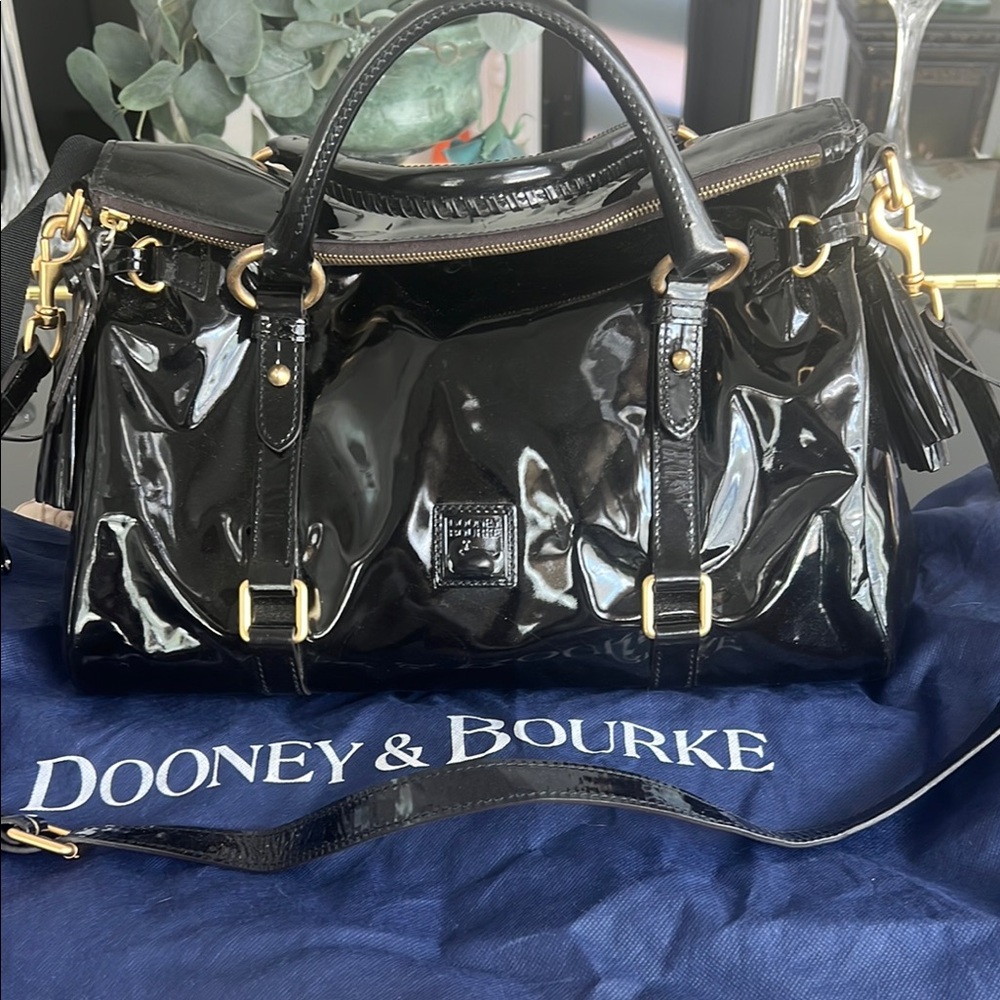 Dooney & Bourke Black Patent Leather Satchel with Gold Hardware